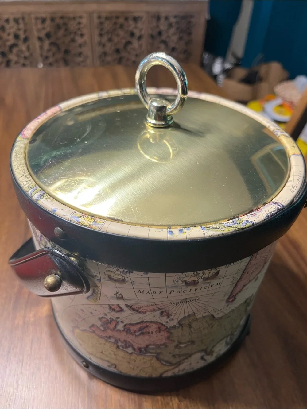 Decorative Brass-Lid Map Print Accent Ice  Bucket Cream and Gold